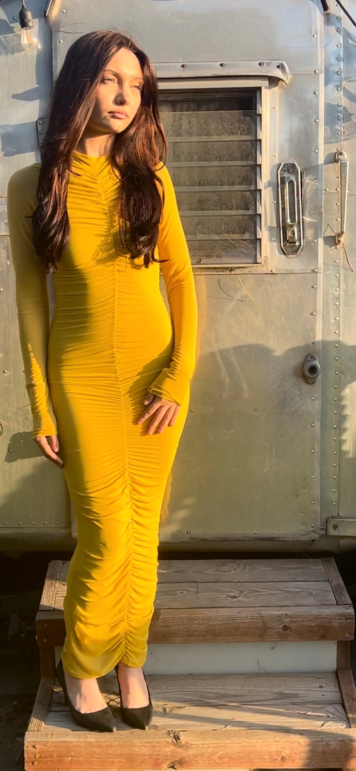 Canary Yellow Mesh Ruched Maxi Dress